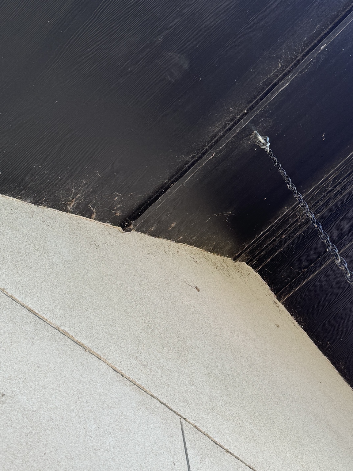 Cobwebs collected in a covered exterior soffit corner before removal