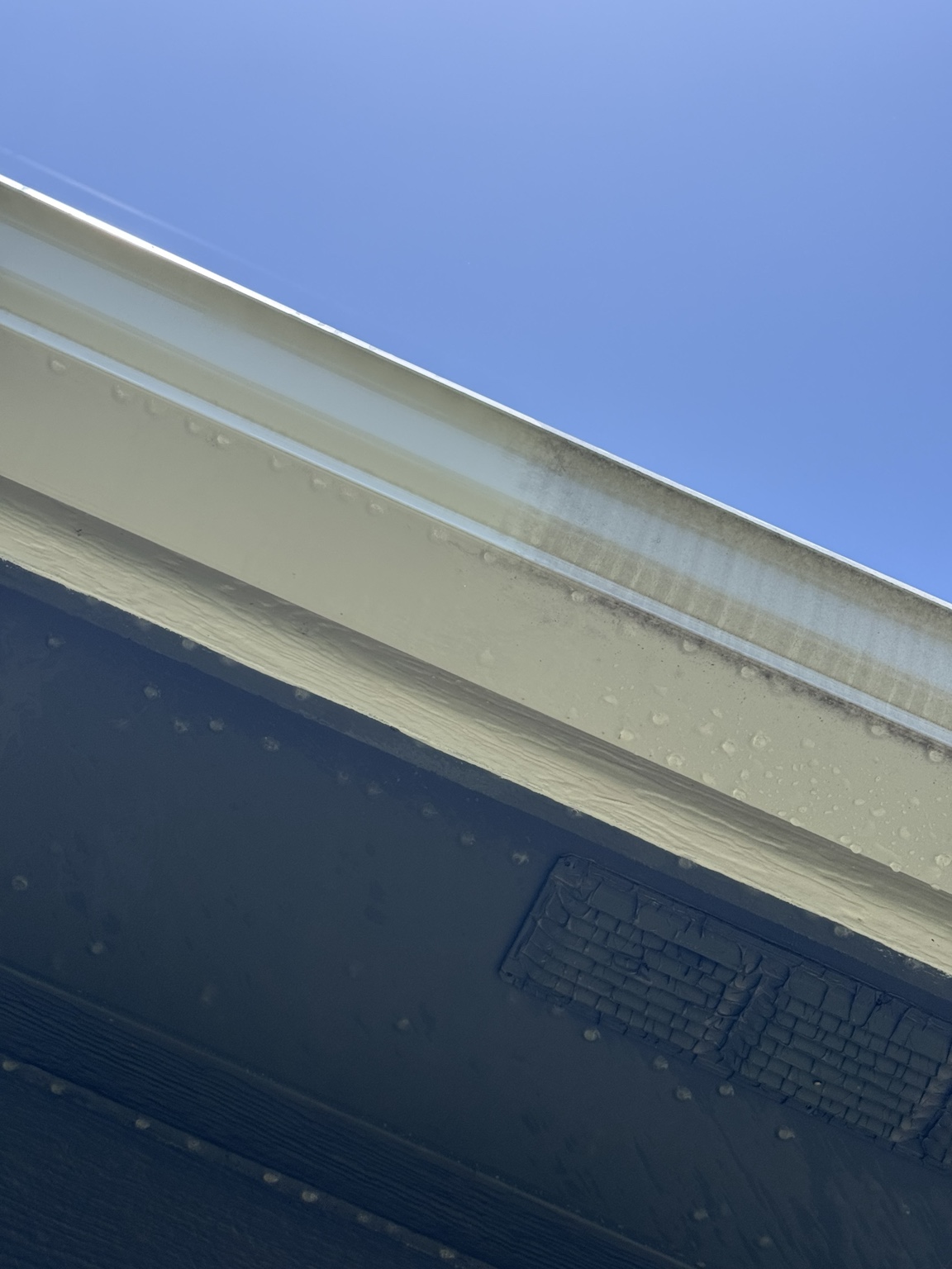 Close view of staining on the outside face of a residential gutter